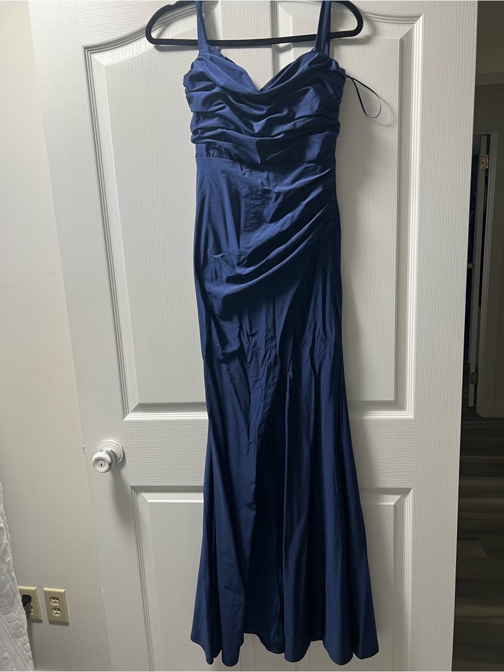 Fashion Nova Navy Ruched Spaghetti Strap Prom Gown